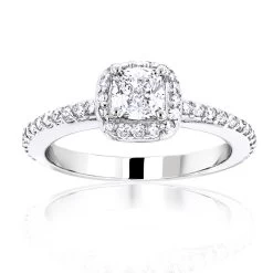 1 Carat Cushion Cut Diamond Engagement Ring 14K White Gold Halo Design