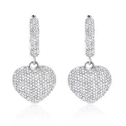 14K White Gold Dangle Diamond Heart Earrings 1 Ct