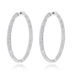 14K White Gold Dazzling 2 Inch Diamond Hoop Earrings Inside Out 7ct