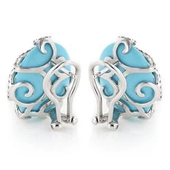 14K White Gold Designer Diamond And Turquoise Earrings 1.10ct -Fashion Accessories Shop 14k designer diamond and turquoise earrings 110ct p 15back