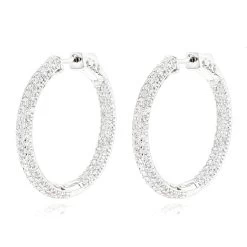 14K White Gold 1 3/8 Inch Diamond Hoop Earrings Inside Out 4.40ct