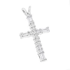 14K White Gold Baguette & Round Diamond Cross Necklace 0.35ct