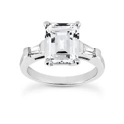 Affordable 3 Stone Baguette And Emerald Diamond Engagement Ring 14K White Gold