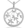 14K White Gold Diamond Leaf Pendant Circle Necklace 0.54ct