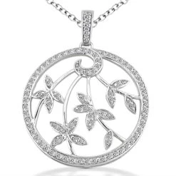14K White Gold Diamond Leaf Pendant Circle Necklace 0.54ct