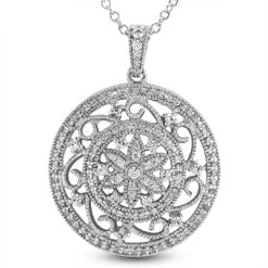 14K White Gold Floral Filigree Diamond Pendant 0.74ct
