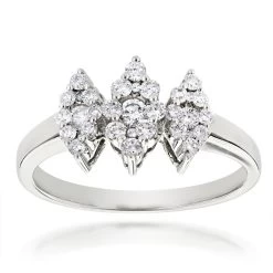 14K White Gold Ladies Cluster Diamond Ring 0.63ct Three Stone Ring Design