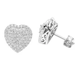 14K White Gold Pave Diamond Heart Earrings For Women 1 Carat Diamond Studs