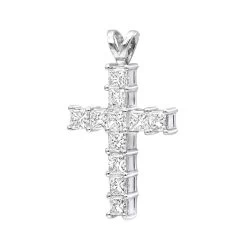 14K White Gold Princess Cut Diamond Cross Pendant 2.20ct