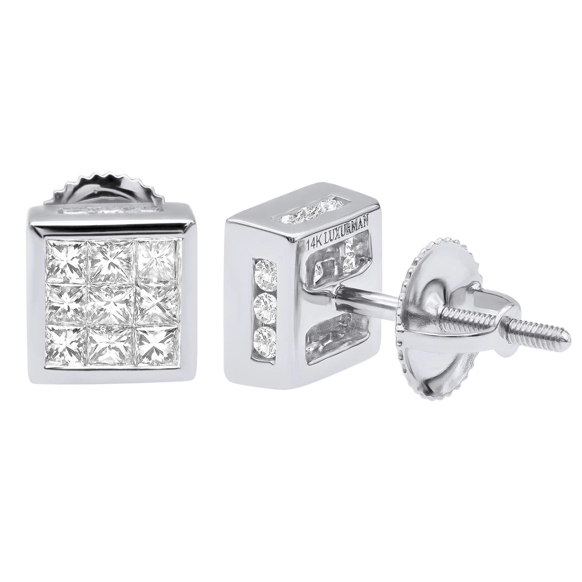14K White Gold Princess Cut Diamond Stud Earrings For Men & Women 1 Carat 3 14K White Gold Princess Cut Diamond Stud Earrings For Men & Women 1 Carat