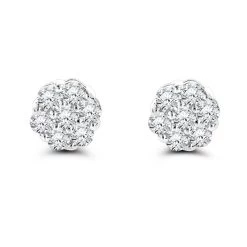 14K White Gold Prong Round Diamond Clusters Earrings 1ct Studs