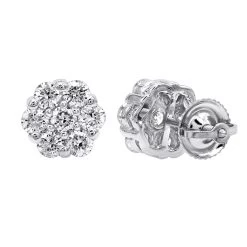 14K White Gold Prong Round Diamond Clusters Earrings 1.2ct Studs