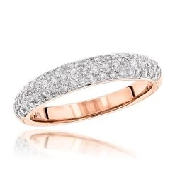 Thin 14K Rose Gold Round Cut Pave Diamond Band 0.75 Carat