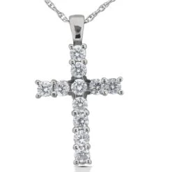 14K White Gold Round Diamond Cross Pendant 1.32ct 11 Diamonds