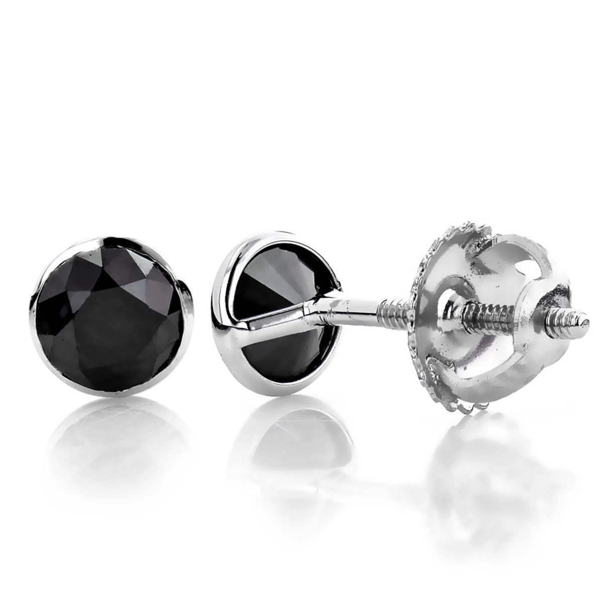 14K White Gold Solitaire Black Round Diamond Bezel Stud Earrings 1.5ct 3 14K White Gold Solitaire Black Round Diamond Bezel Stud Earrings 1.5ct