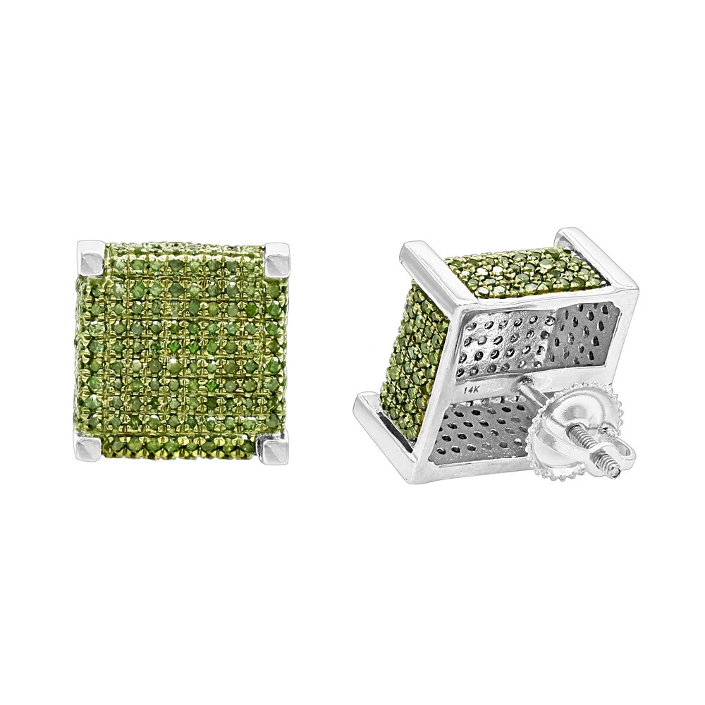14K Yellow Gold Square Green Diamond Stud Earrings 1.3ct By Luxurman 4 14K Yellow Gold Square Green Diamond Stud Earrings 1.3ct By Luxurman - Image 2