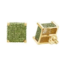 14K Yellow Gold Square Green Diamond Stud Earrings 1.3ct By Luxurman