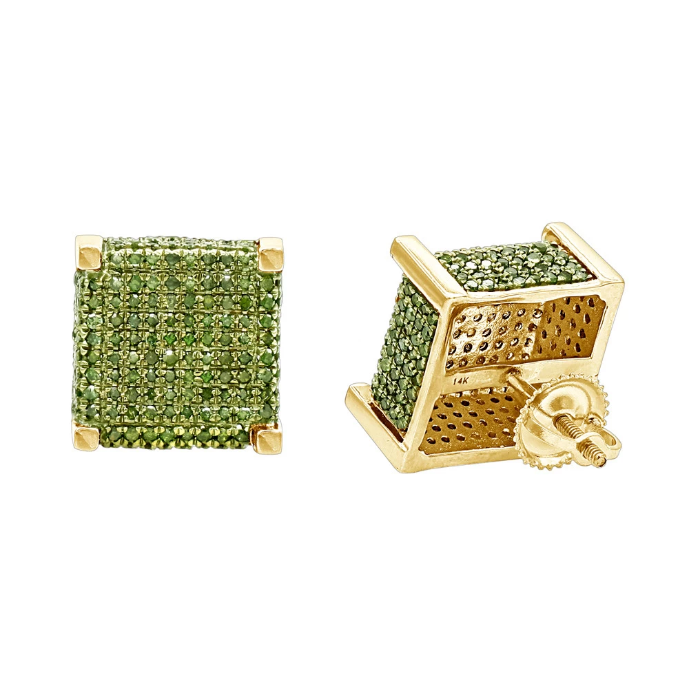 14K Yellow Gold Square Green Diamond Stud Earrings 1.3ct By Luxurman 3 14K Yellow Gold Square Green Diamond Stud Earrings 1.3ct By Luxurman