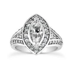 1 Carat Unique Diamond Engagement Ring Marquise & Round Diamonds 14K White Gold