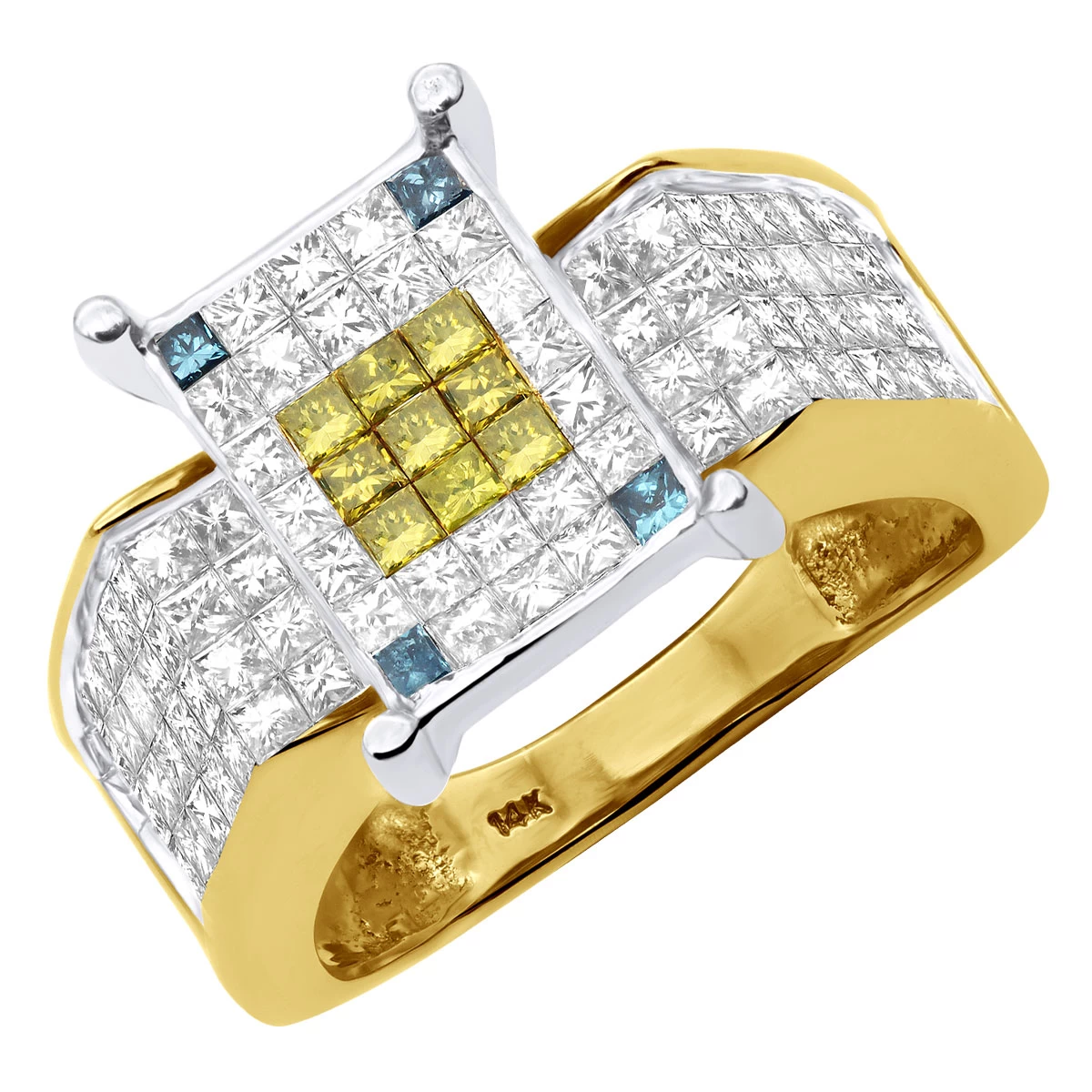 14K Yellow Gold Unique White Yellow Blue Diamond Engagement Ring 2.75ct 3 14K Yellow Gold Unique White Yellow Blue Diamond Engagement Ring 2.75ct