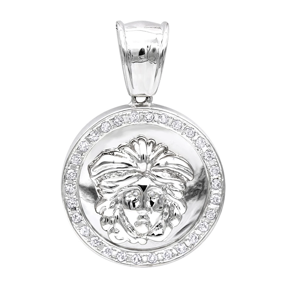 14K White Gold Unisex Diamond Versace Style Pendant 0.60ct Medusa Medallion 3 14K White Gold Unisex Diamond Versace Style Pendant 0.60ct Medusa Medallion