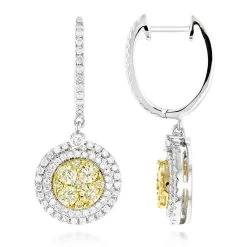 14K White Gold White Yellow Diamond Circle Earrings Hoop Dangles By Luxurman 2ct
