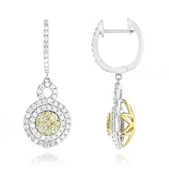 14K White Gold White Yellow Diamond Cluster Fashion Ladies Drop Earrings 1.45ct