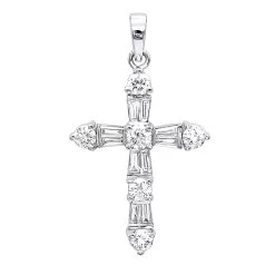14K White Gold Round Diamond Cross Pendant 1.85ct
