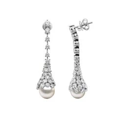 18K White Gold Diamond And Pearl Drop Earrings For Women 4.5 Carats F VS Diamonds