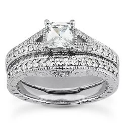 18K White Gold Princess And Round Cut Diamonds Engagement Ring Set 1.21ct