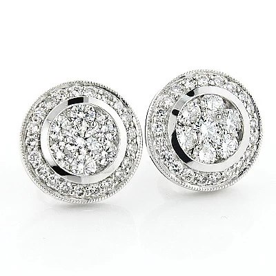 2 Carat Designer Diamond Cluster Earrings Studs 14K White Gold 3 2 Carat Designer Diamond Cluster Earrings Studs 14K White Gold