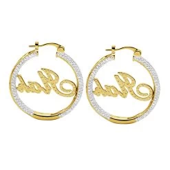 Custom Inside Out Diamond Hoop Earrings With Initials Nameplate 14K Yellow Gold -Fashion Accessories Shop custom inside out diamond hoop earrings with initials nameplate 14k gold 100657 back yellow