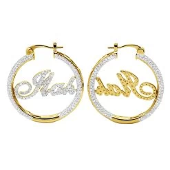 Custom Inside Out Diamond Hoop Earrings With Initials Nameplate 14K Yellow Gold -Fashion Accessories Shop custom inside out diamond hoop earrings with initials nameplate 14k gold 100657 box yellow