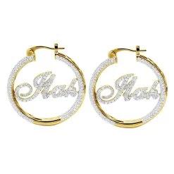 Custom Inside Out Diamond Hoop Earrings With Initials Nameplate 14K Yellow Gold