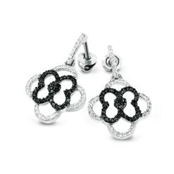 Dangling Flower Earrings With Black And White Diamonds 0.53ct 14K White Gold