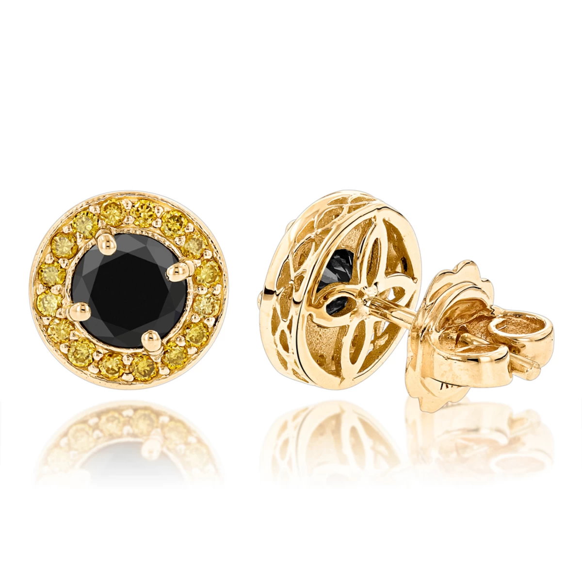 Designer 14K Yellow Gold Yellow Black Diamond Stud Earrings 1.92ct 3 Designer 14K Yellow Gold Yellow Black Diamond Stud Earrings 1.92ct