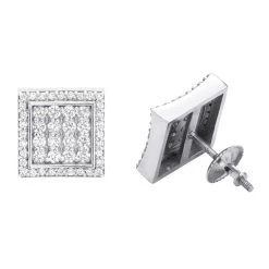 Square Diamond Stud Earrings For Men And Women 14K White Gold 1.2ct Pave Diamonds