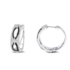 Designer White Black Diamond Hoop Earrings 0.9 Ct 14K White Gold