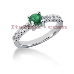 Thin Diamond And Emerald Engagement Ring 14K White Gold 0.20ctd 0.50cte
