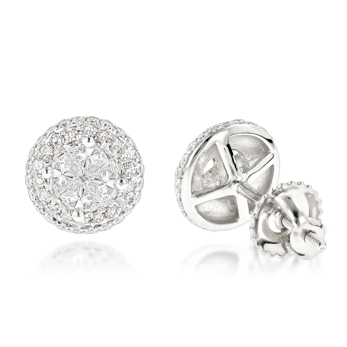 Halo Diamond Cluster Earrings 14K White Gold Studs 1.25ct 3 Halo Diamond Cluster Earrings 14K White Gold Studs 1.25ct