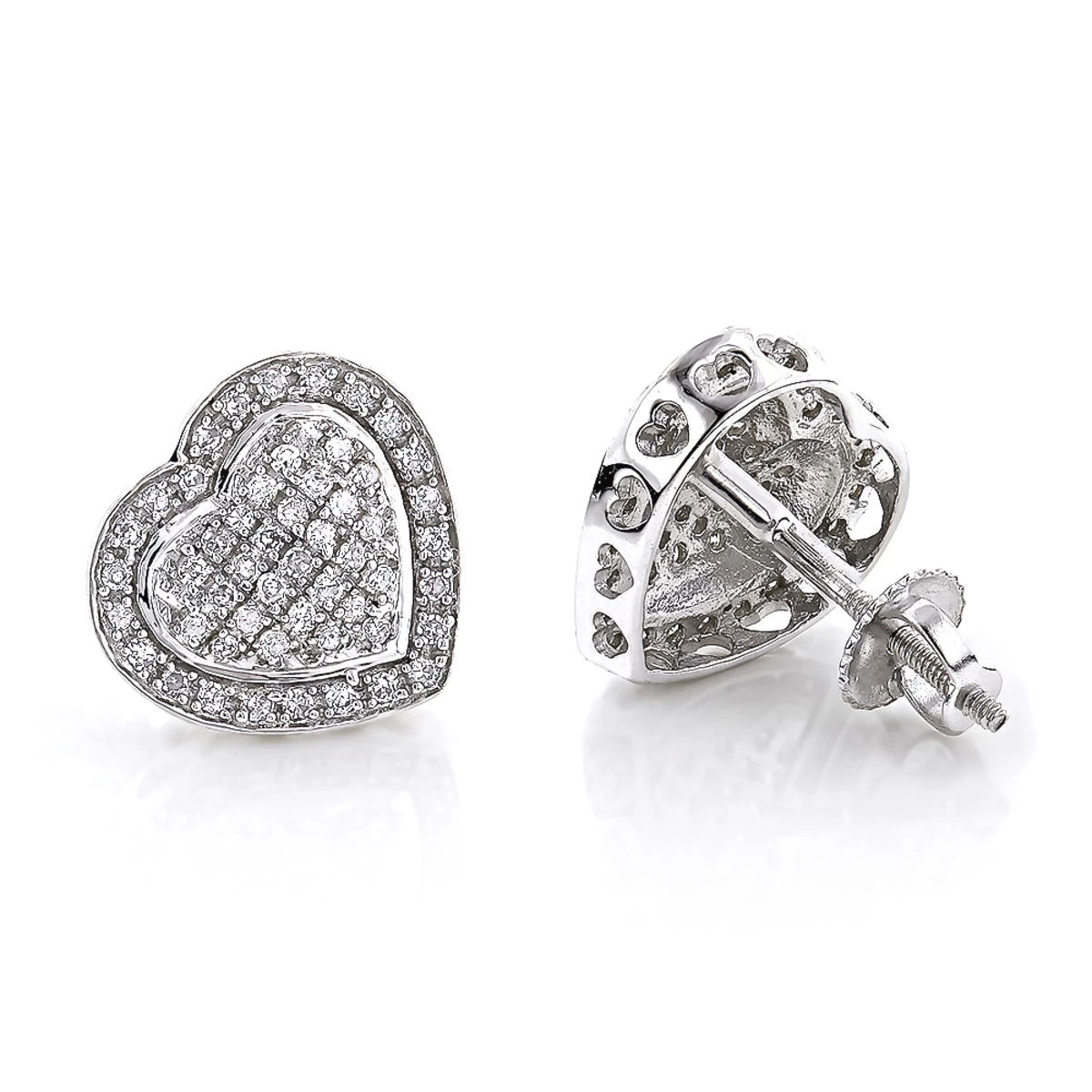 Diamond Heart Earrings Studs: 10K White Gold Pave Diamonds 0.5ct 3 Diamond Heart Earrings Studs: 10K White Gold Pave Diamonds 0.5ct