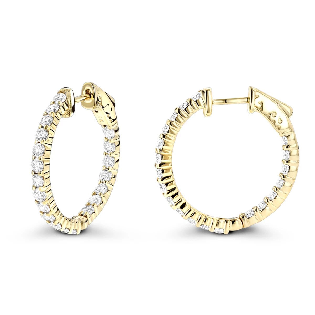 Diamond Hoop Earrings 2.20ct 14K Yellow Gold Inside Out 3 Diamond Hoop Earrings 2.20ct 14K Yellow Gold Inside Out