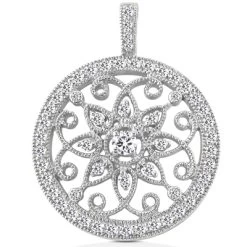 Diamond 14K White Gold Filigree Circle Diamond Pendant 1.15