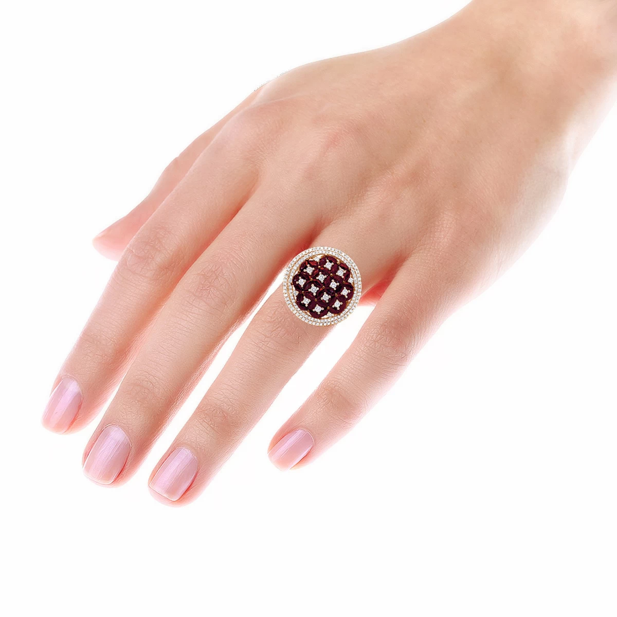 Unique Halo Circle Diamond Right Hand Ring For Women With Rubies 14K Rose Gold 7 Unique Halo Circle Diamond Right Hand Ring For Women With Rubies 14K Rose Gold - Image 5