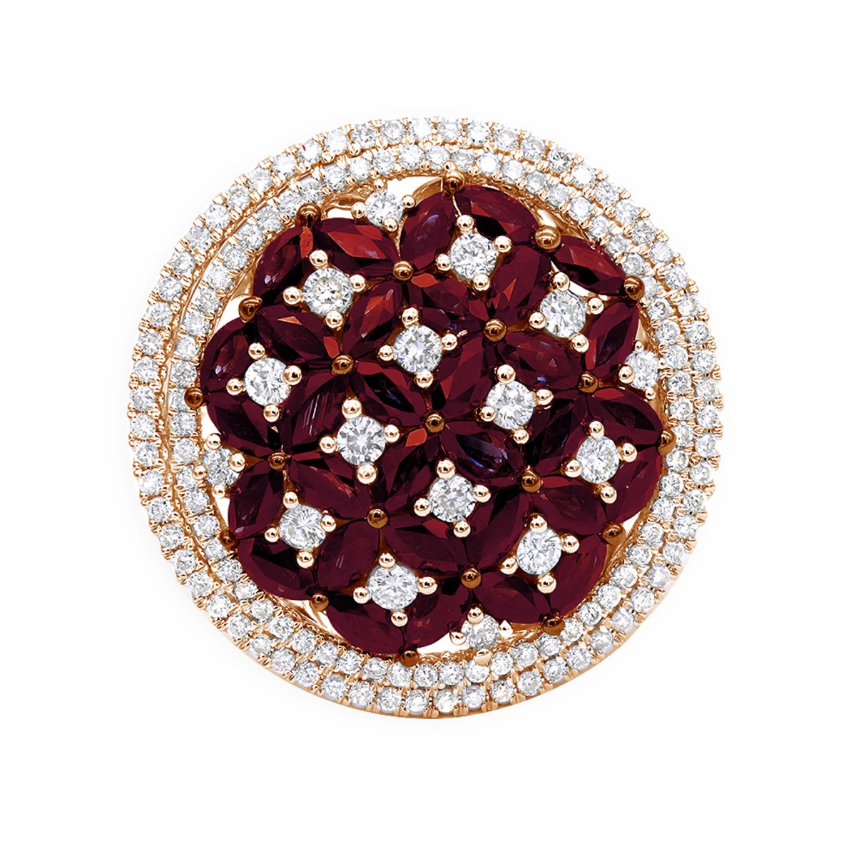 Unique Halo Circle Diamond Right Hand Ring For Women With Rubies 14K Rose Gold 3 Unique Halo Circle Diamond Right Hand Ring For Women With Rubies 14K Rose Gold