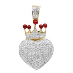 10K Yellow Gold Fully Iced Out Puffed Diamond Crown Heart Pendant 1 Carat
