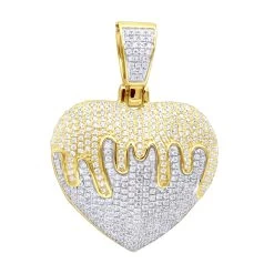14K Yellow Gold Iced Out Dripping Heart Diamond Pendant For Women 1.3ct