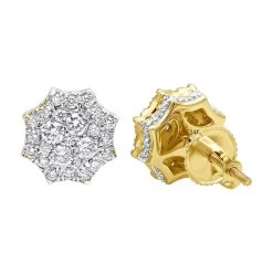 Unique Diamond Cluster Earrings 14K Yellow Gold Octagonal Shape Studs 1.2 Carat