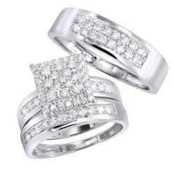 Wedding And Engagement Trio Diamond Ring Set For Him And Her 1.3ct 14K White Gold