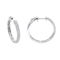 Ladies 14K White Gold 1 Inch Diamond Hoop Earrings Small 0.9ct